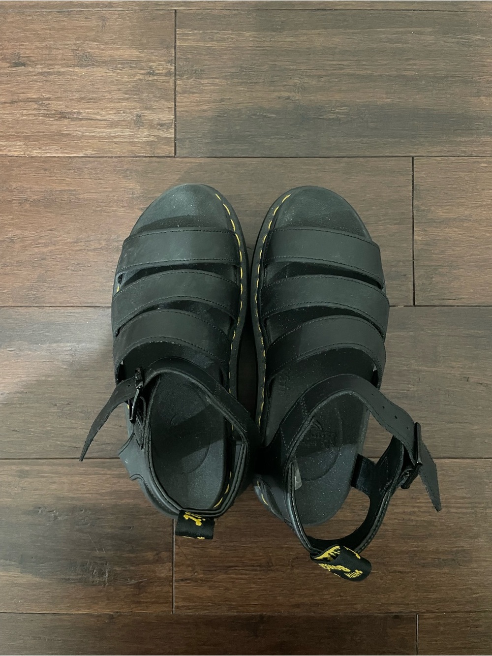 Dr. Martens Black Leather Strappy Sandals with Yellow Stitching